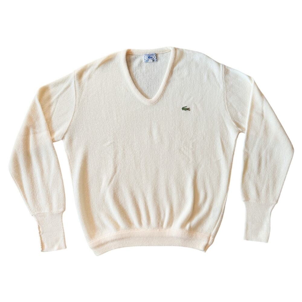 Vintage Izod Lacoste Mens Sweater V Neck Knit Preppy Academia Classic Cream